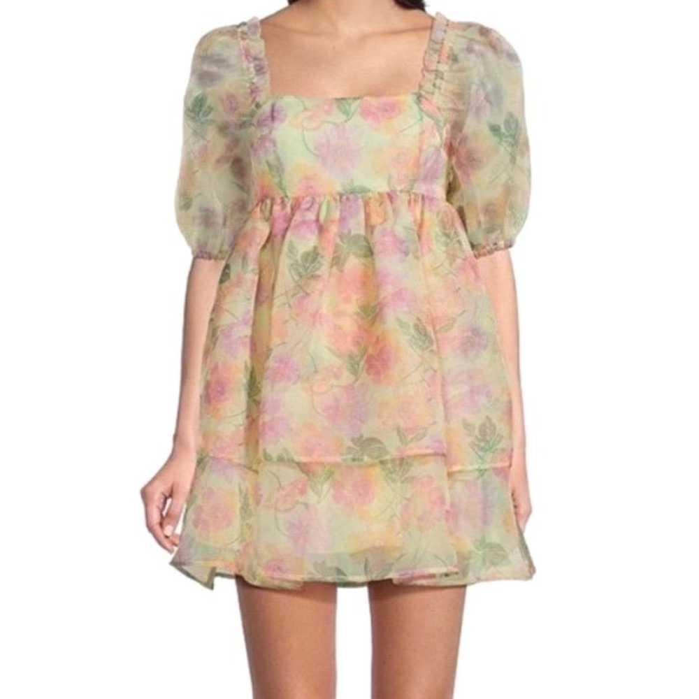 Sheer Floral Puff Sleeve Babydoll Mini‎ Dress Square Neck Ruffle Trim Homecoming